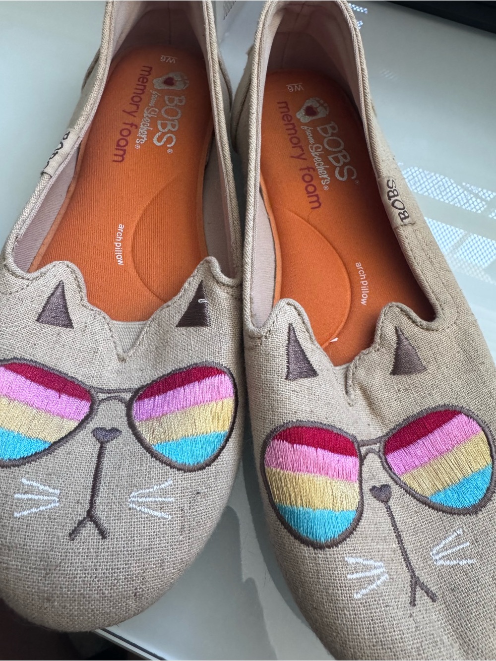 Skechers BOBS Womenswear Cat Slip-On Shoes in Beige with Rainbow Sunglasses